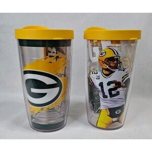 Lot of 2 Green Bay Packers Aaron Rodgers Tervis Drink Tumblers W/ Lid 16 Oz NFL